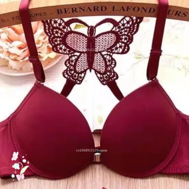 Women Butterfly Front Buckle Bra & Brief Set – Detachable Double Strap Sexy Sheer Lingerie Romantic Underwear Set