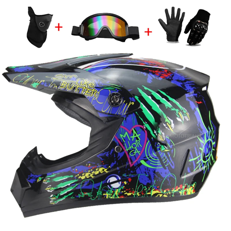 Youth & Kids Motorcycle Full Helmet - Children’s Motocross Casco Moto, Off-Road Protective Helmet with Goggles & Gloves