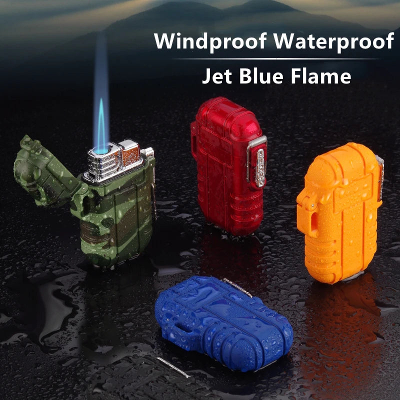 Outdoor Waterproof Blue Flame Lighter with Lanyard – Portable Butane Jet Cigar Lighter for Camping and Wading