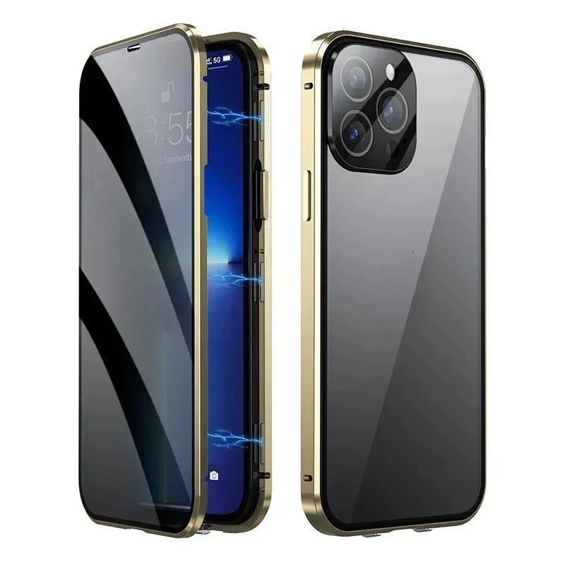 360° Full Protection Metal Magnetic Double-Sided Glass Case for iPhone 17 16 15 14 13 12 Pro Max Plus 17E 16E - Snap Lock Privacy Protective Cover