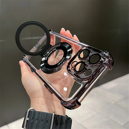 Luxury Plated Shockproof Magnetic Bracket for MagSafe – Clear Case with Stand Holder for iPhone 15, 16, 14, 13, 12, 11 Pro Max
