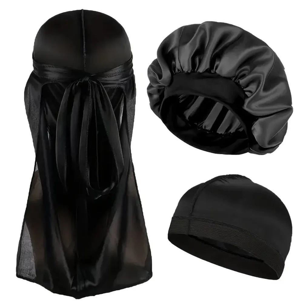 3PCS Durag & Satin Bonnet Set - Solid Color Night Cap and Lightweight Dome Hat Hair Accessories