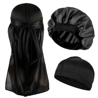 3PCS Durag & Satin Bonnet Set - Solid Color Night Cap and Lightweight Dome Hat Hair Accessories