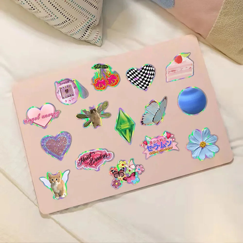 50PCS Y2K Pink Girl Stickers - Cute Laser Decals for Laptops, Phones, Suitcases & Scrapbooks