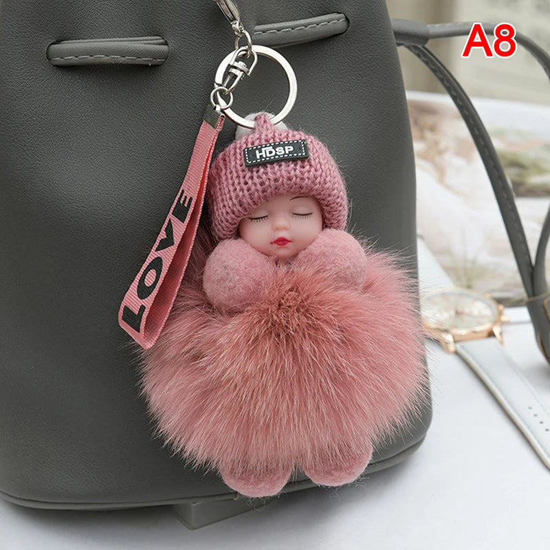 Cute Pompom Sleeping Baby Keychain - Fluffy Plush Doll Bag Charm, Key Ring & Gift for Women and Girls