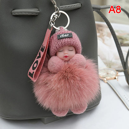 Cute Pompom Sleeping Baby Keychain - Fluffy Plush Doll Bag Charm, Key Ring & Gift for Women and Girls