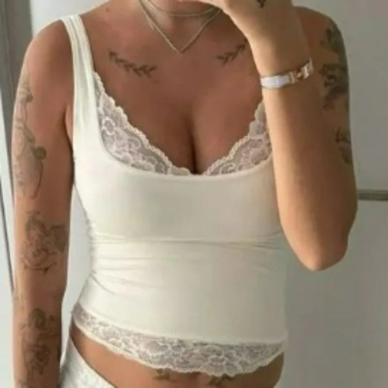 Women’s Y2K Lace Trim Crop Top – Sleeveless V-Neck Backless Skinny Camisole Streetwear Summer Tank Vest