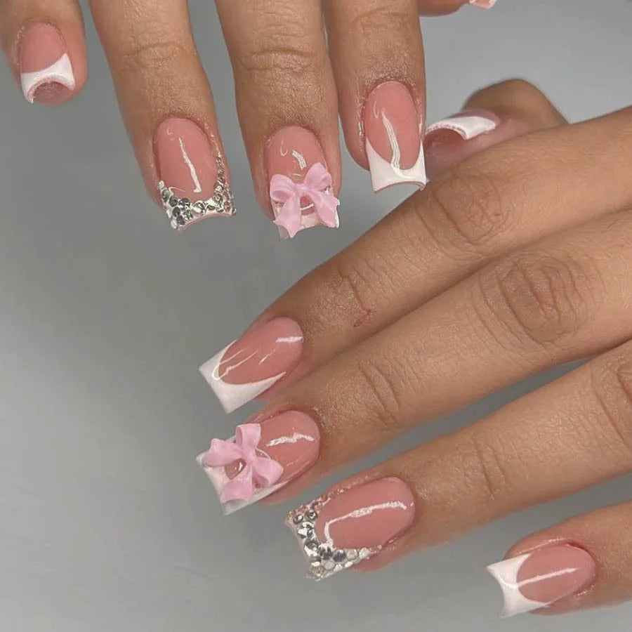 24Pcs Square Press On Nails - Nude White Gradient French False Nail Tips with Full Cover Short Design