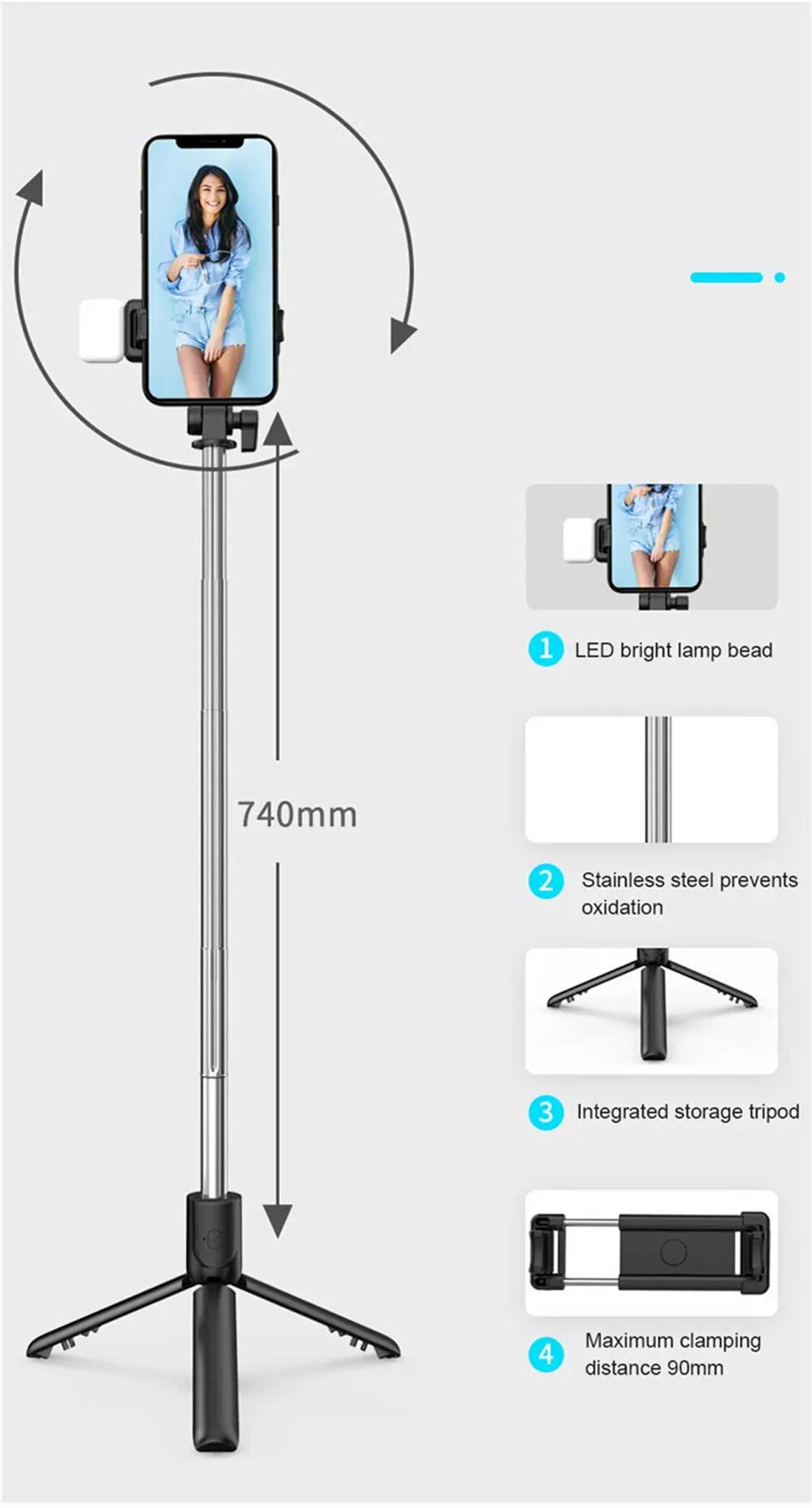 Portable Bluetooth Selfie Stick Tripod with Remote Shutter & Fill Light – Extendable Wireless Phone Stand