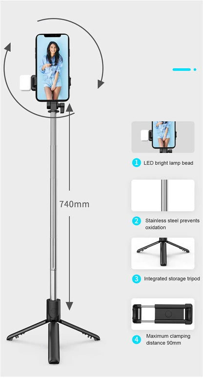 Portable Bluetooth Selfie Stick Tripod with Remote Shutter & Fill Light – Extendable Wireless Phone Stand