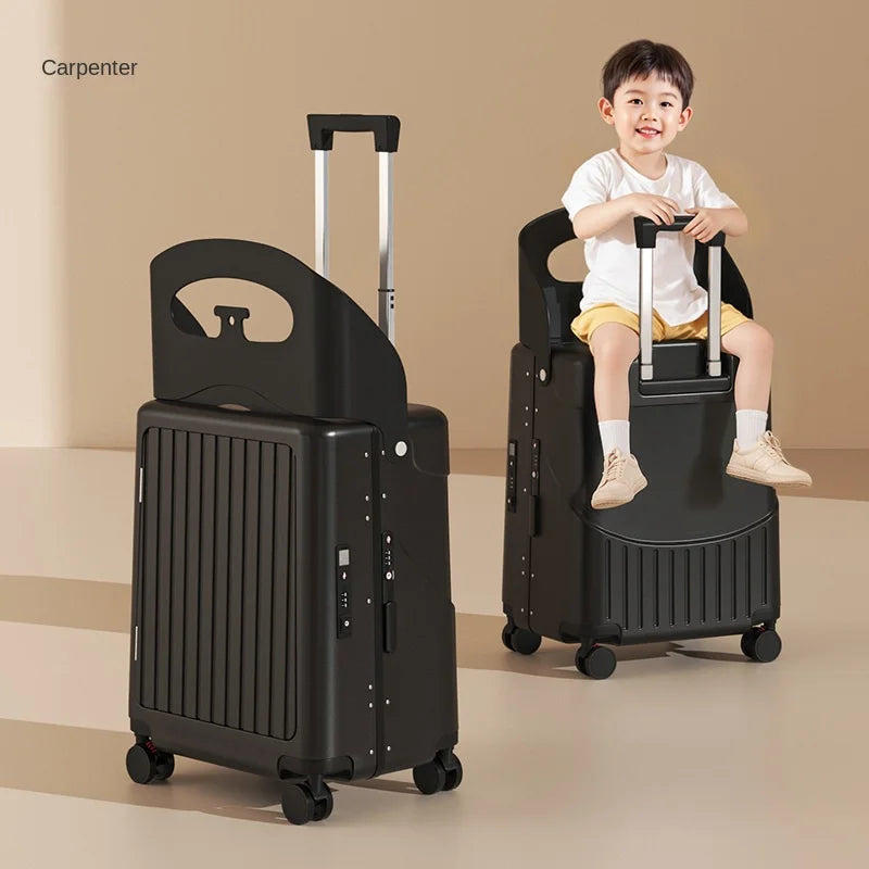 2025 Kids Suitcase with Seat & Charging Port – Baby Boarding Trolley Luggage with Safety Belts & Side Opening, 20/22/24 inch