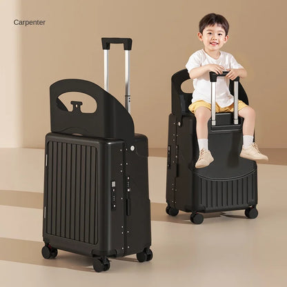 2025 Kids Suitcase with Seat & Charging Port – Baby Boarding Trolley Luggage with Safety Belts & Side Opening, 20/22/24 inch