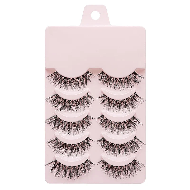 Manga Lashes 5 Pairs – Anime Cosplay Faux Mink Short Full Strip Lashes, Korean Natural Look, Clear Band Soft Eyelash Extensions