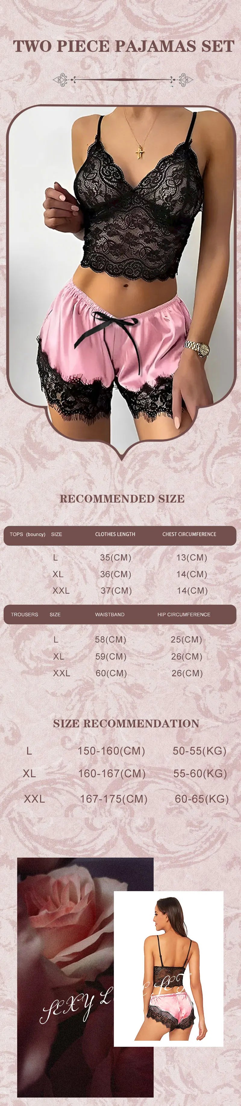 2025 Summer Women's Sexy Lace See-Through Pajamas Set – Black & Pink, Comfortable Breathable Suspender Shorts