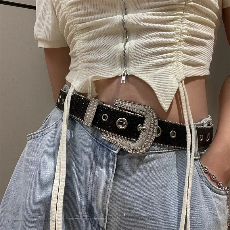 Y2K Women’s PU Leather Rhinestone Belt – Adjustable Glitter Crystal Waistband for Club & Party