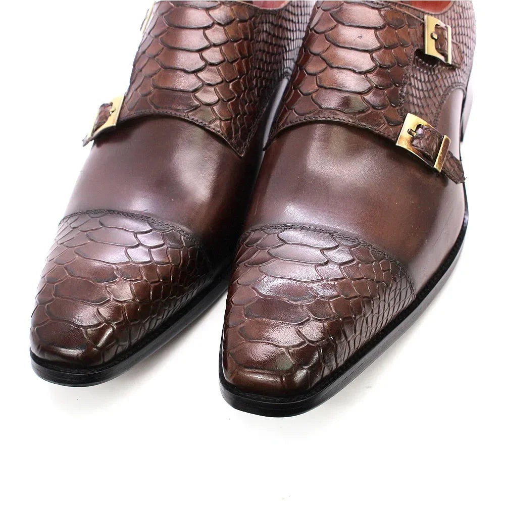 Men’s Genuine Leather Monk Strap Shoes - Double Buckle Snake Print Cap Toe Italian Style Dress Shoes