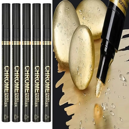 Chrome Paint Marker Pen - Waterproof Gold & Silver Metallic Repair Marker for Glass, Ceramic, Rock & Metal, 2mm Nib