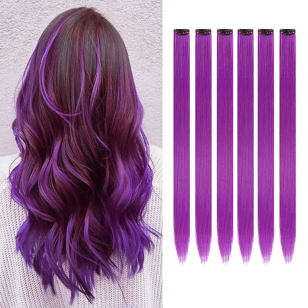22-Inch Colored Clip-In Hair Extensions – 6pcs Straight Synthetic Party Highlight Hairpieces