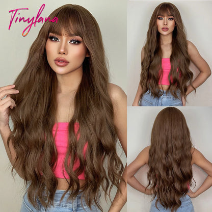 Orange Copper Ginger Long Wavy Synthetic Wig – Red & Yellow Wig with Bangs, Cosplay Body Wave, Heat-Resistant Hair for Women