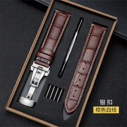 Genuine Leather Watch Strap with Wooden Box – Butterfly Clasp Bracelet 18-24mm Wristband