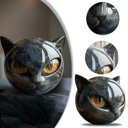 Black Cat Stone Figurine – Marble Texture Resin Cat Head Keepsake Desk Decor, Healing Style Home & Office Ornament
