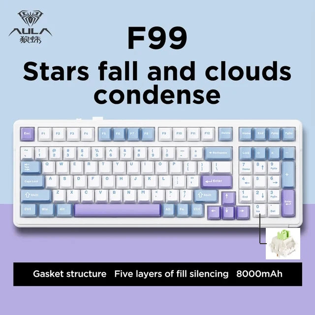 AULA F99 99-Key Gaming Mechanical Keyboard – Wired, 2.4G Wireless, Bluetooth, Hot-Swappable PBT Gasket RGB for Gaming & Typing