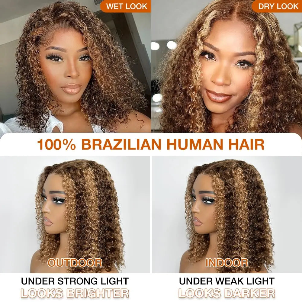 Deep Wave Honey Blonde Bob Wig — Glueless Human Hair Curly Wig, Pre-Plucked & Pre-Cut Ombre HD Lace Front, Highlight Wear-and-Go