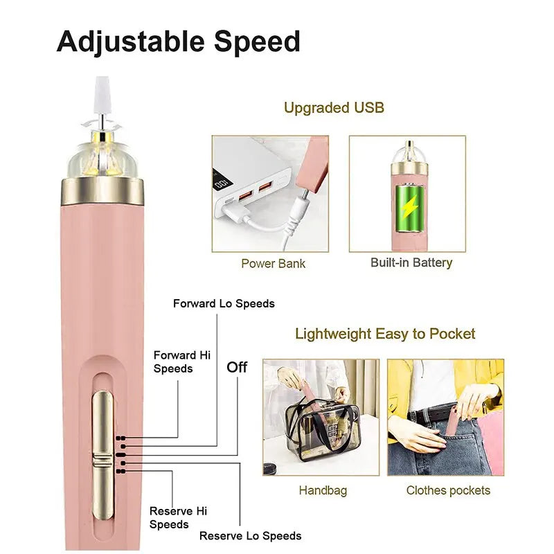 5-in-1 Electric Nail Polish Drill Machine: Portable Mini Manicure Art Pen with Light - Tools for Gel Removal & More