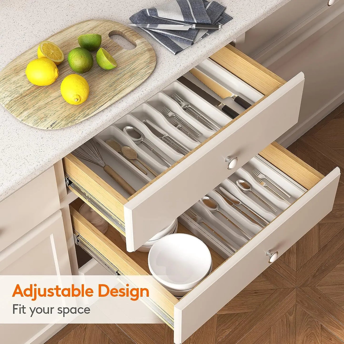 Adjustable Flatware Organizer Tray with Dividers – Plastic Utensil Holder for Spoons, Forks & Knives