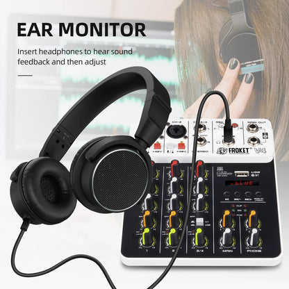 V4 4-Channel Audio Interface Mixer — USB & Bluetooth with 48V Phantom Power, Effects & Recording
