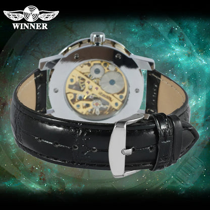 T-Winner Classic Skeleton Watch – Mechanical Hand-Wind Wristwatch with PU Leather Strap for Men & Women