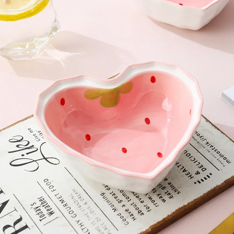 Strawberry Ramen Bowl & Spoon Set - Cute Ceramic Anti-Scald Instant Noodle Bowl