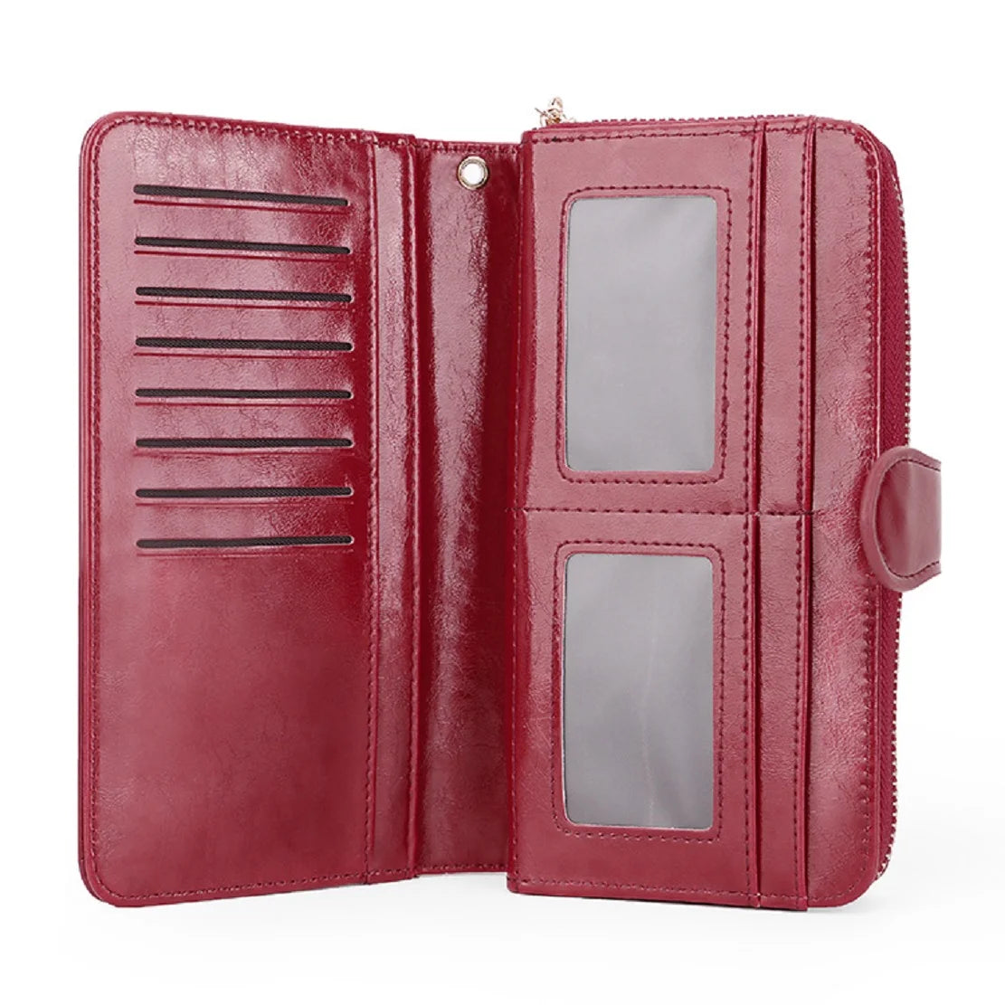 Bright Wax Leather Long Wallet – Multi-Card Holder with Wristband & Card Pouch