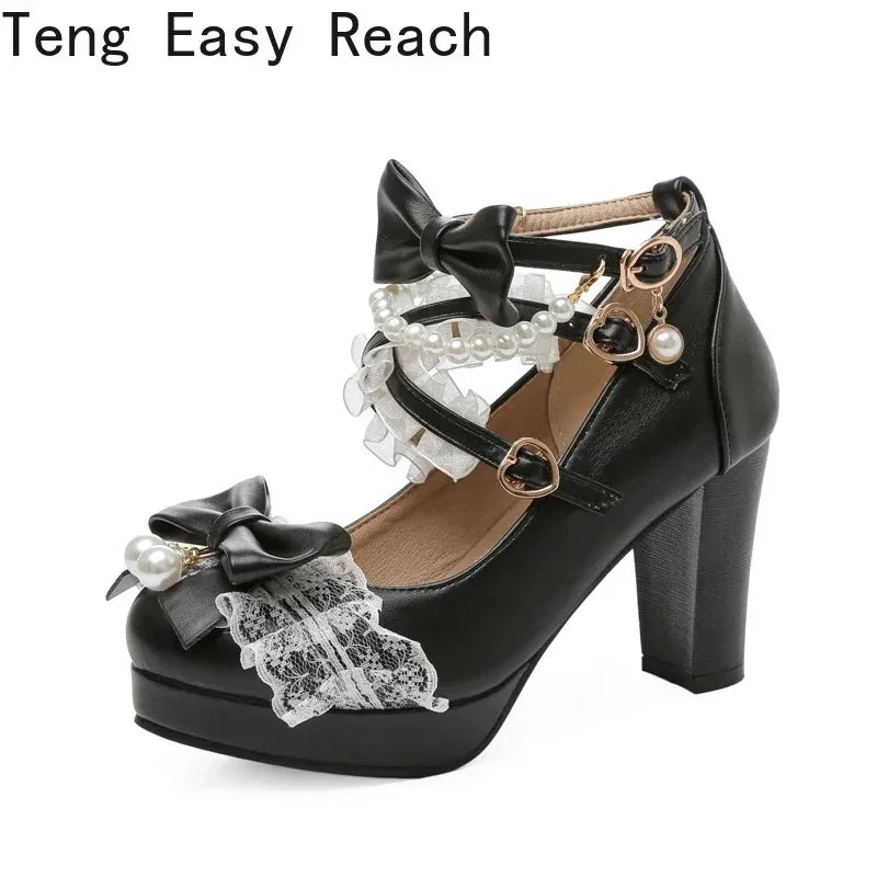 Women’s Cross Strap Mary Jane High Heels – Party, Wedding, Cosplay Lolita Pumps in White, Pink, Black, Strawberry Bow 2025