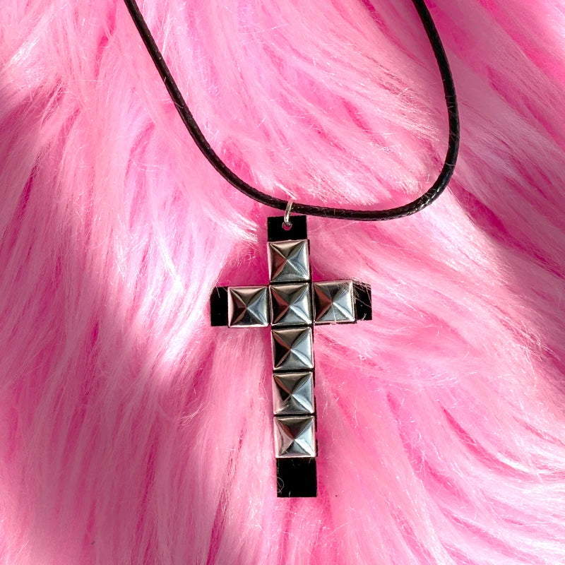 Punk Rivet Cross Pendant Necklace - Gothic Grunge Rock 90s Style Jewelry
