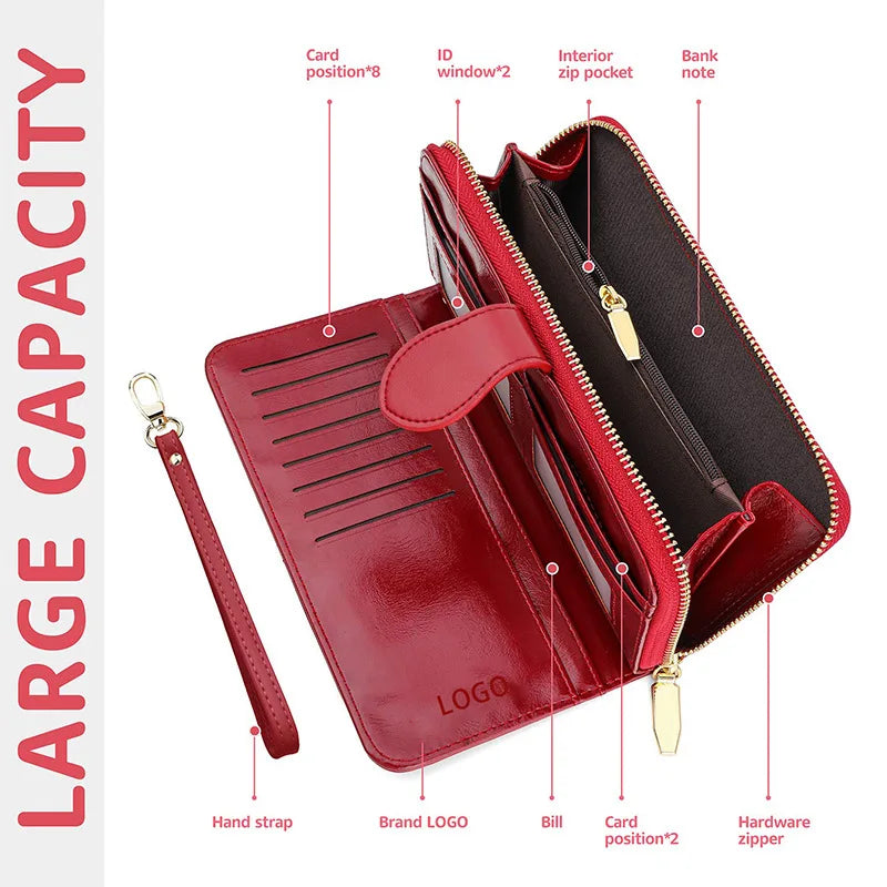 Bright Wax Leather Long Wallet – Multi-Card Holder with Wristband & Card Pouch