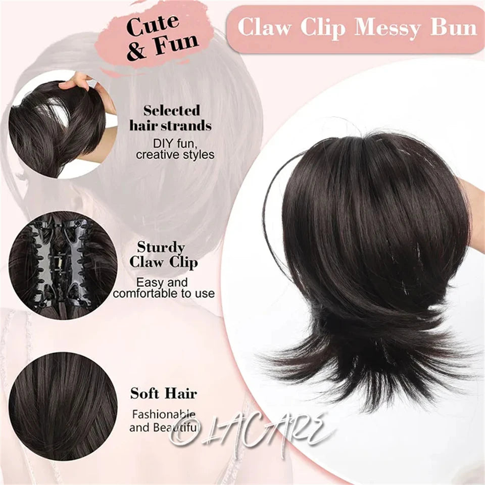 Messy Bun Hair Piece – Claw Clip-in Short Straight Ponytail Extension, Tousled Updo Bun for Women & Girls