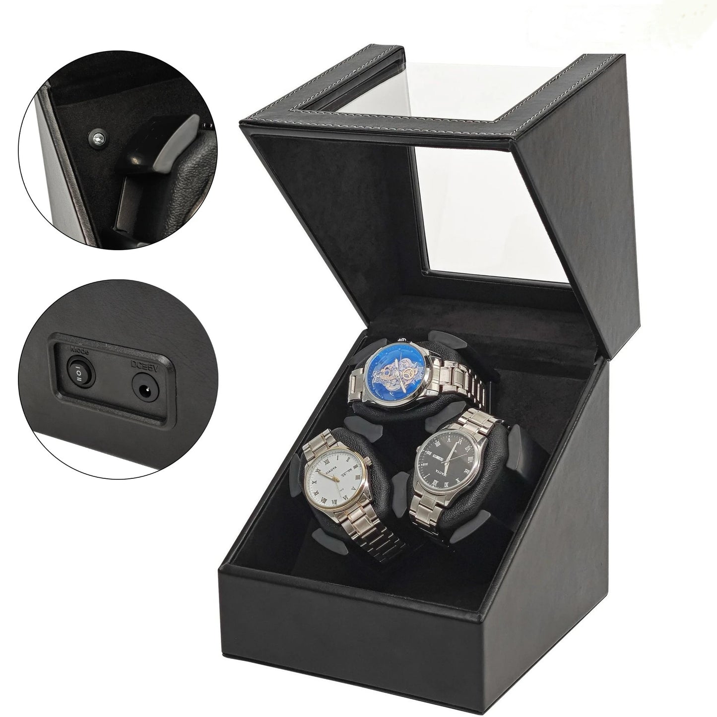 Universal Watch Winder Box - 3 Position Smart Winding Mechanism with LED Light Sensor Silent Motor USB Watch Storage Case