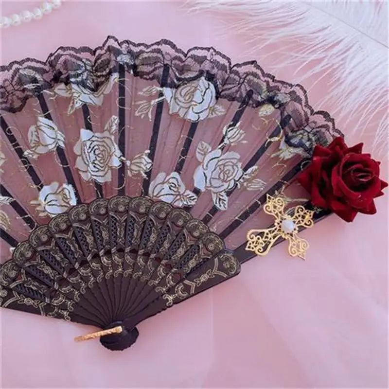 Victorian Lace Hand Fan - Lolita Gothic Vintage Black White Red Rose Bamboo Fan for Cosplay & Halloween