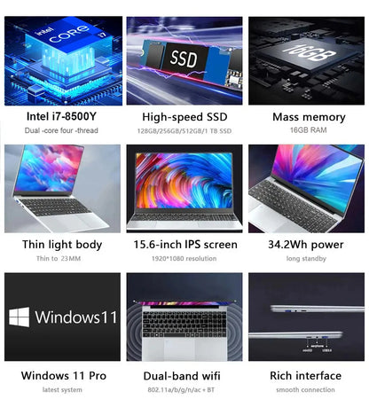 15.6" Laptop — Intel i7-8500Y, 16GB RAM, 1TB SSD, Windows 11 Pro Notebook with Fingerprint Unlock for Office & Gaming