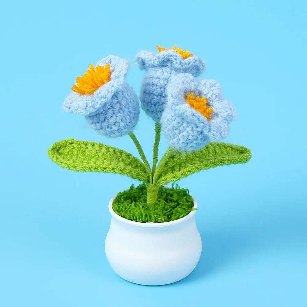 Handmade Crochet Bell Orchid in Pot – Knitted Artificial Flower with Light for Desktop & Easter 2025 Decor