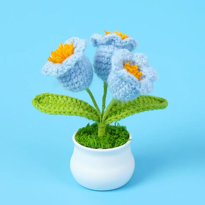 Handmade Crochet Bell Orchid in Pot – Knitted Artificial Flower with Light for Desktop & Easter 2025 Decor