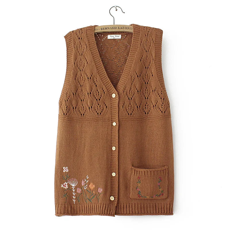 Plus Size Women's Embroidered Hollow Knit Sweater Vest – V-Neck Cardigan, Casual Autumn Fashion, E2 3023
