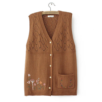 Plus Size Women's Embroidered Hollow Knit Sweater Vest – V-Neck Cardigan, Casual Autumn Fashion, E2 3023