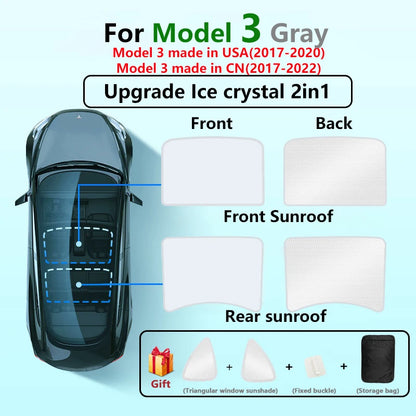 Split Sunshade for Tesla Model 3 (2017-2023) & Model Y – Front & Rear Sunroof Windshield Skylight Glass Roof Cooling Shade