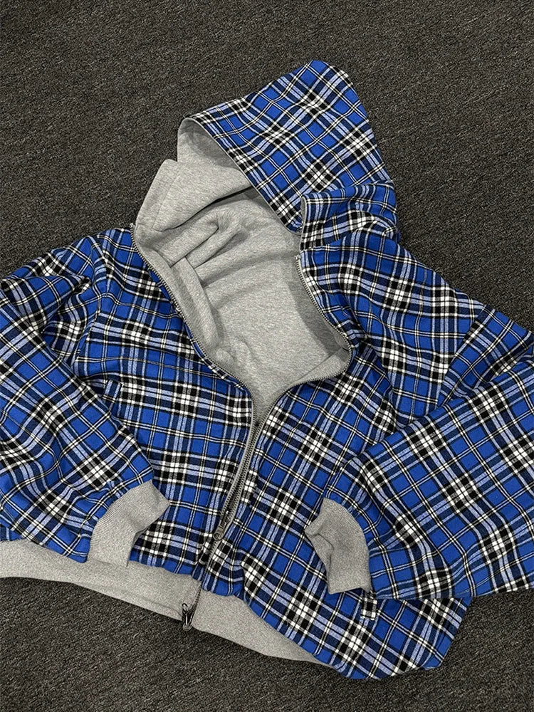 Women's Winter Plaid Hoodie - Warm Reversible Zip-Up Loose Fit Casual Sweatshirt