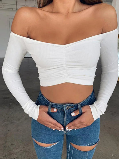 Sophisticated Style: Women's Sexy Club Fashion T-Shirt - Long Sleeve Off-Shoulder Solid Color Lady Tee for Autumn, Basic and Chic