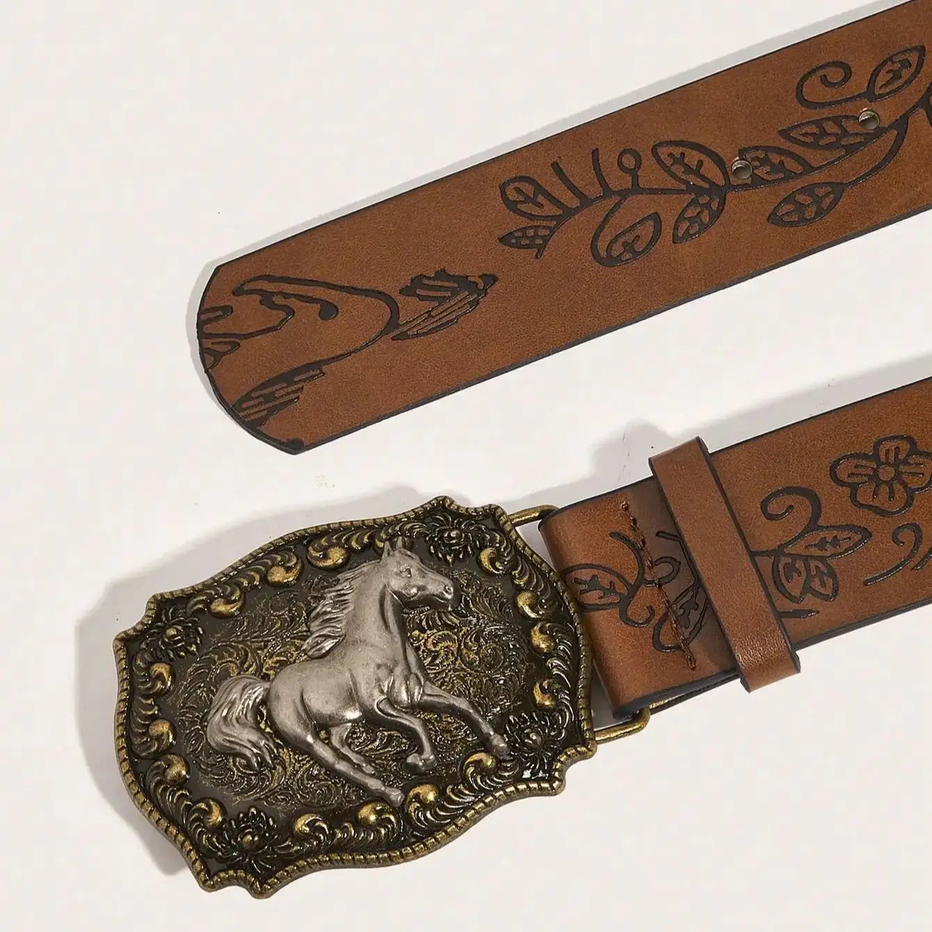 Neutral Horse Head Buckle PU Belt – Fashionable Peony Pattern Design