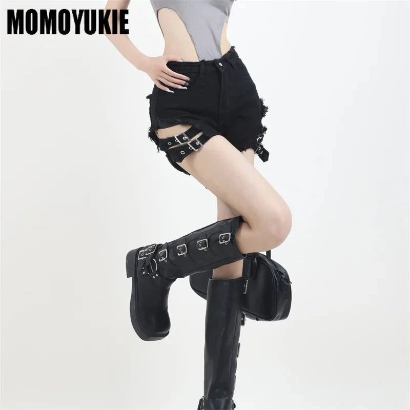 Vintage Harajuku Denim Shorts - Women's High Waist Irregular Goth Rock Style Slim Fit Summer Shorts