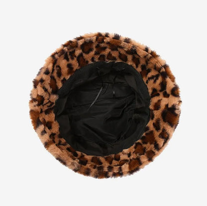 Women’s Winter Leopard Print Fisherman Hat – Versatile Plush Bucket Hat, Warm Pot-Style Headwear